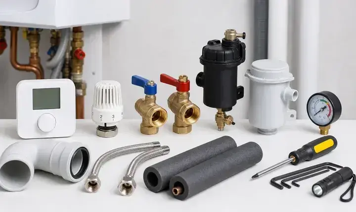Chaudière: accessoires utiles, thermostat et neutraliseur Accessoires utiles chaudière avec thermostat, robinet thermostatique, pot à boues, neutraliseur, fumisterie et manomètre