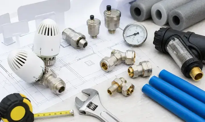 Chauffage: accessoires utiles, robinets et purgeurs Accessoires utiles chauffage avec têtes thermostatiques, purgeurs, manomètre, filtre et isolants