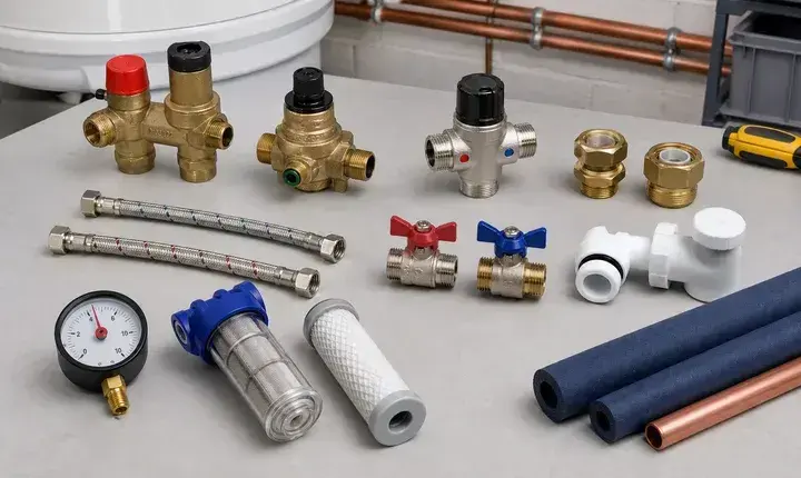 Accessoires utiles chauffe-eau avec groupe de sécurité, raccords diélectriques, flexibles, vannes, siphon et manomètre