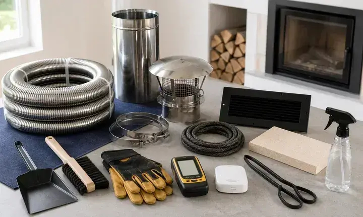 Accessoires utiles cheminée et insert avec tubage flexible, conduit, chapeau, colliers, grille, joint, gants et outils