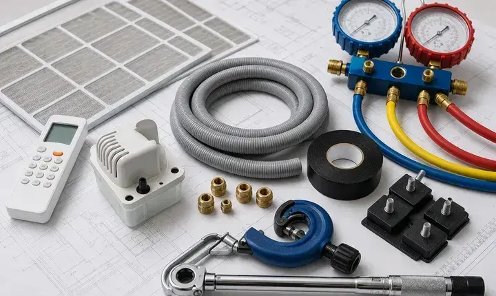 Accessoires utiles climatisation avec télécommande, filtres, pompe, manomètres, raccords et isolant