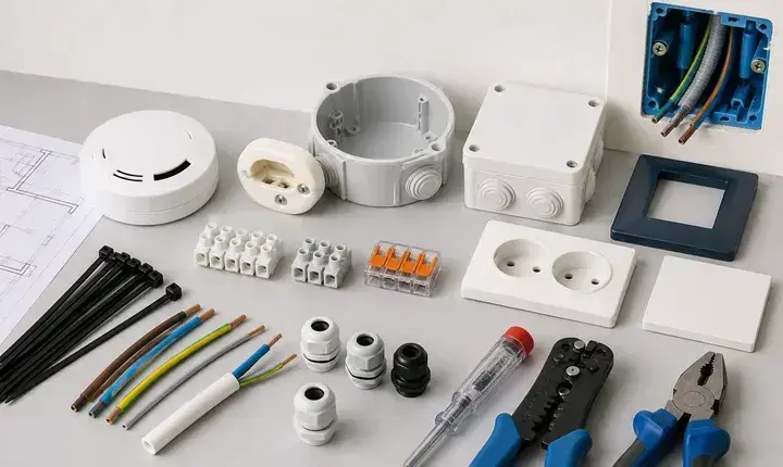 Électricité: accessoires utiles, connecteurs et sécurité Accessoires utiles électricité avec détecteur, boîtes, connecteurs, prises et outils