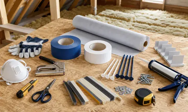 Accessoires utiles isolation des combles avec masque, gants, adhésifs, membrane, jauges, cutter, agrafeuse et vis
