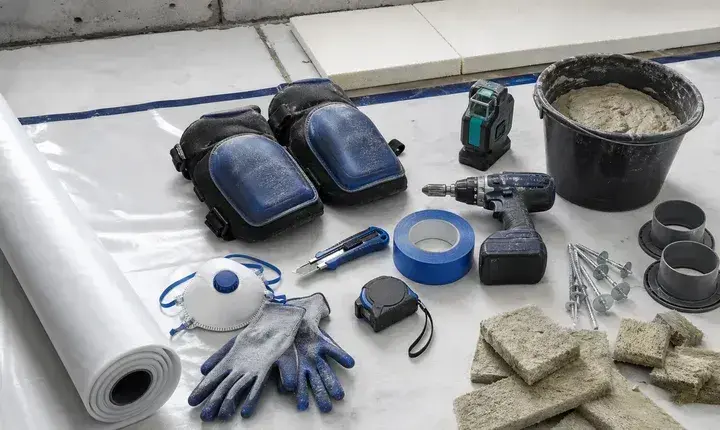 Isolation sol et plancher bas: accessoires utiles Accessoires utiles isolation sol et plancher bas avec genouillères, masque, gants, cutter, perceuse, bande, membrane et chevilles