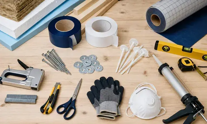 Accessoires utiles isolation avec bandes, membrane, vis, rondelles, chevilles, agrafeuse, cutter, masque et pistolet