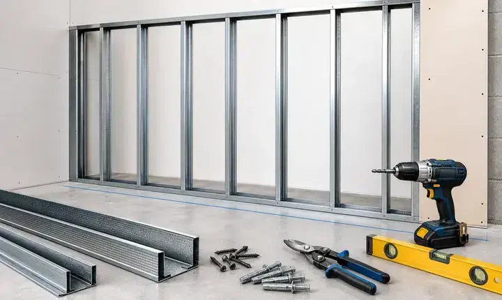 Plâtrier plaquiste: rails, montants et fixations Rails et montants plâtrier plaquiste avec ossature métallique, vis, chevilles, perceuse et niveau