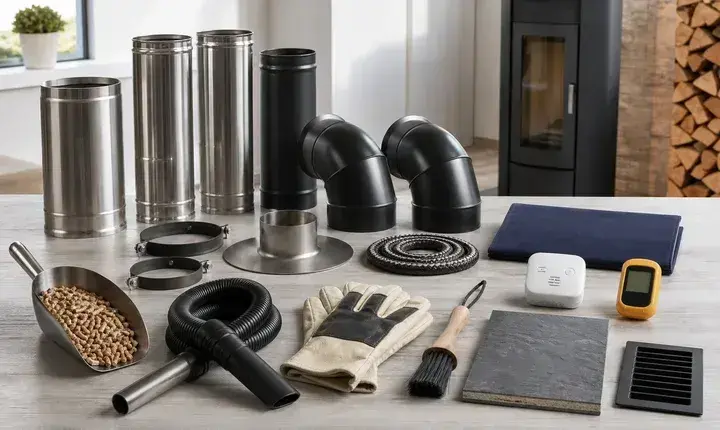 Poêle bois et granulés: accessoires utiles Accessoires utiles poêle bois et granulés avec conduits, coudes, colliers, joints, pelle pellets, gants et grille d'air