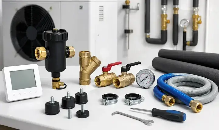 Accessoires utiles pompe à chaleur avec thermostat, filtre magnétique, vannes, flexibles, manomètre et supports