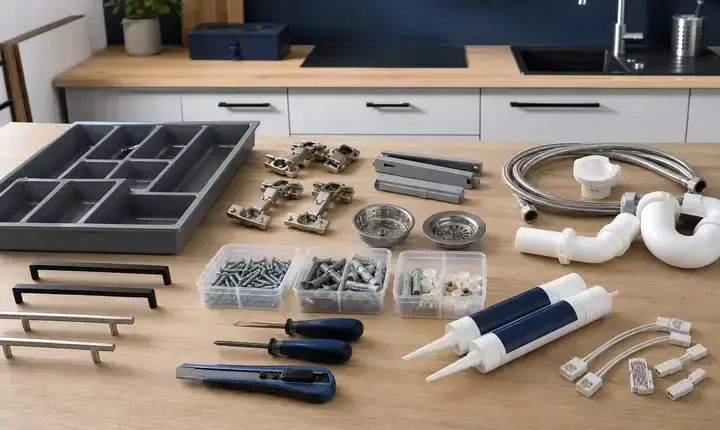 Rénovation cuisine: accessoires utiles de pose Rénovation cuisine: accessoires utiles avec charnières, coulisses, poignées, flexibles, siphon et silicone