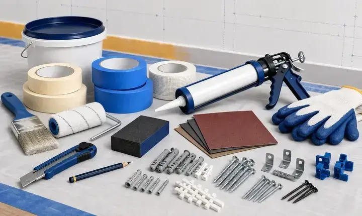 Rénovation intérieure: accessoires utiles avec rubans, vis, chevilles, mastic, abrasifs et petits outils Rénovation intérieure: accessoires utiles avec rubans, vis, chevilles, mastic, abrasifs et petits outils