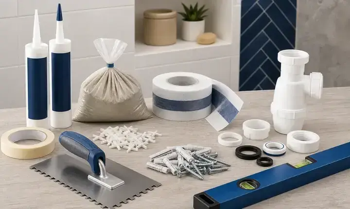 Rénovation salle de bain: accessoires utiles avec silicone, bande d’étanchéité, joints, vis, chevilles et siphon