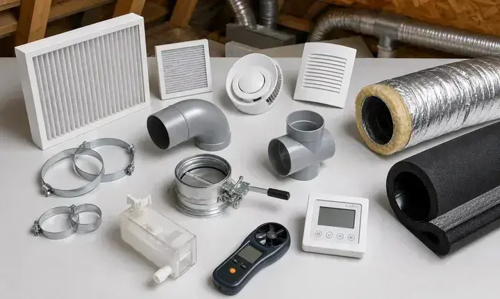 VMC et ventilation: accessoires utiles et filtres Accessoires utiles VMC avec filtres, bouches, gaines isolées, coudes, colliers, clapet, siphon et anémomètre