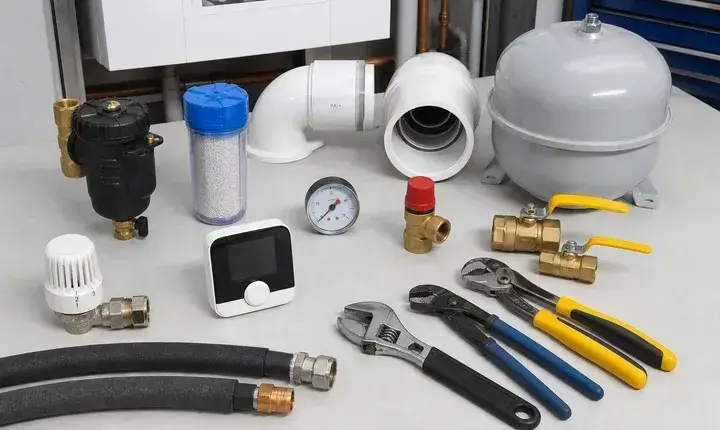 Chaudière: accessoires, pot à boues et fumisterie Accessoires chaudière avec filtre magnétique, neutraliseur condensats, coude de fumisterie, manomètre et vannes