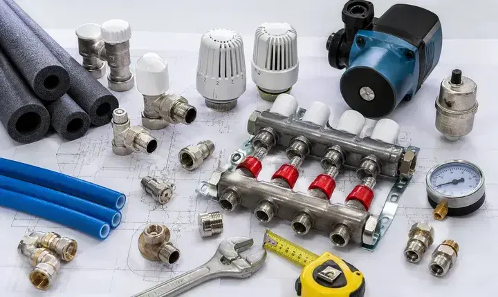 Chauffage: accessoires, robinets et équipements hydrauliques Accessoires chauffage avec têtes thermostatiques, pompe, collecteur, manomètre et raccords