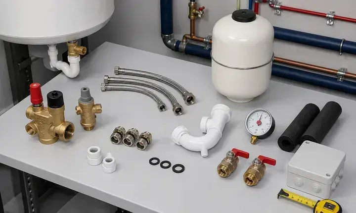 Accessoires chauffe-eau avec groupe de sécurité, réducteur de pression, vase d'expansion, flexibles, siphon et manomètre