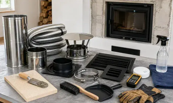 Accessoires cheminée et insert avec tubage flexible, conduit inox, chapeau, colliers, mortier réfractaire, grilles et outils