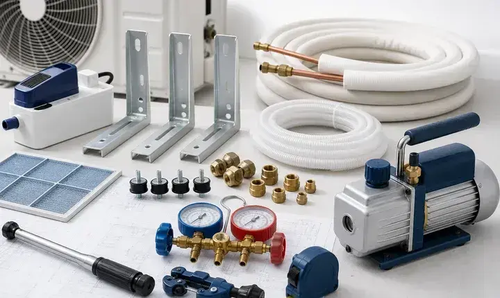 Accessoires climatisation avec pompe condensats, supports, manomètres, cuivre isolé et pompe de vide