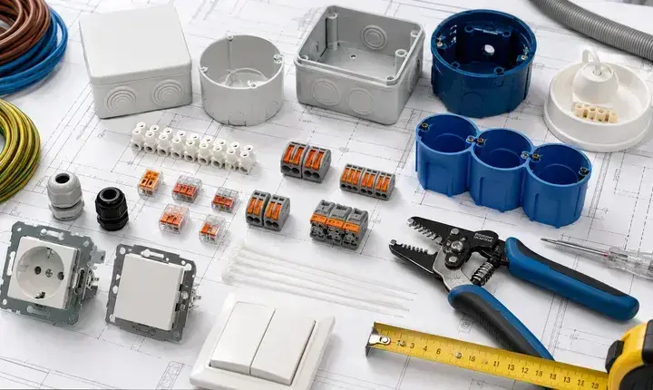 Électricité: accessoires, connecteurs et boîtes de dérivation Accessoires électricité avec boîtes de dérivation, connecteurs, prises et outils