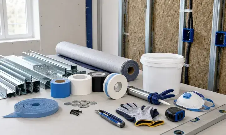 Isolation murs intérieurs: accessoires et consommables Accessoires isolation murs intérieurs avec rails, bandes, membrane, boîtiers électriques, vis, mastic, masque, gants et niveau