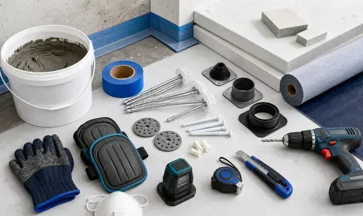 Isolation sol et plancher bas: accessoires de pose Accessoires isolation sol et plancher bas avec chevilles, rondelles, membrane, bande bleue, colliers, perceuse, cutter et genouillères