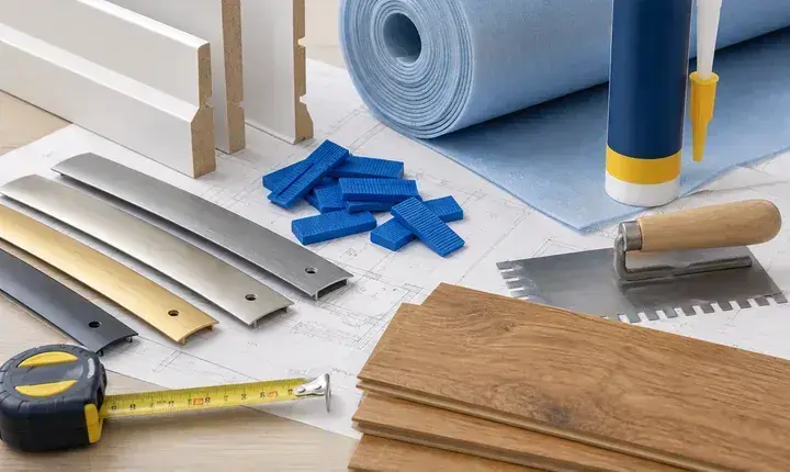 Parquet: sous-couche, profils et accessoires Accessoires de pose parquet avec sous-couche, barre de seuil, colle, cales et maillet