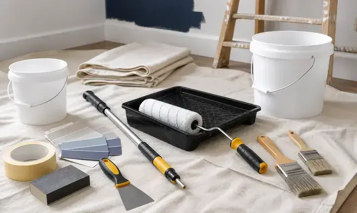 Accessoires de peinture intérieure avec rouleaux, pinceaux, rubans, seaux et bâches