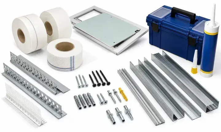 Plâtrier plaquiste: accessoires, trappe et cornières Accessoires plâtrier plaquiste avec trappe de visite, bandes, cornières, vis, chevilles et rails