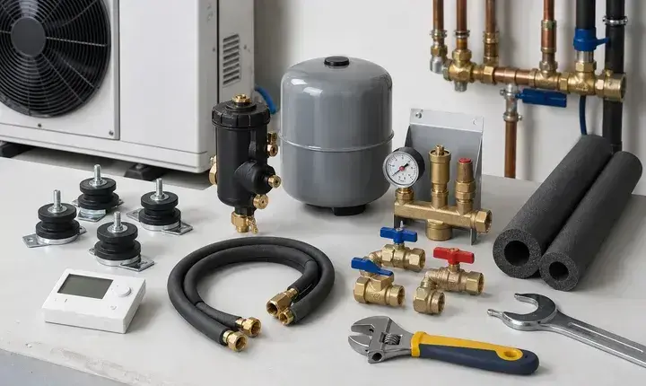Accessoires pompe à chaleur avec filtre magnétique, vase d'expansion, vannes, manomètre et flexibles isolés