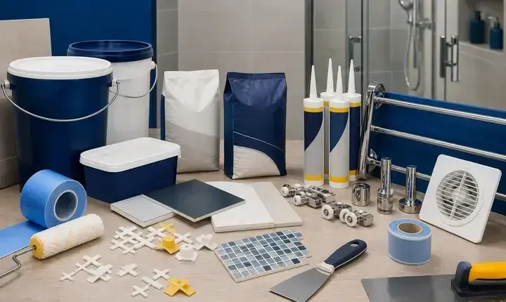 Rénovation salle de bain: accessoires, pots de peinture, OSB, plaques, carrelage et petits matériaux