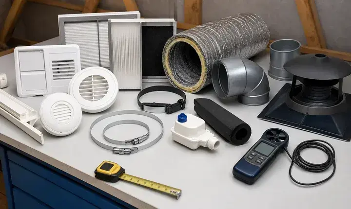 VMC et ventilation: accessoires, filtres et bouches Accessoires VMC avec filtres, bouches hygroréglables, gaines isolées, colliers, silencieux, sortie toiture et anémomètre