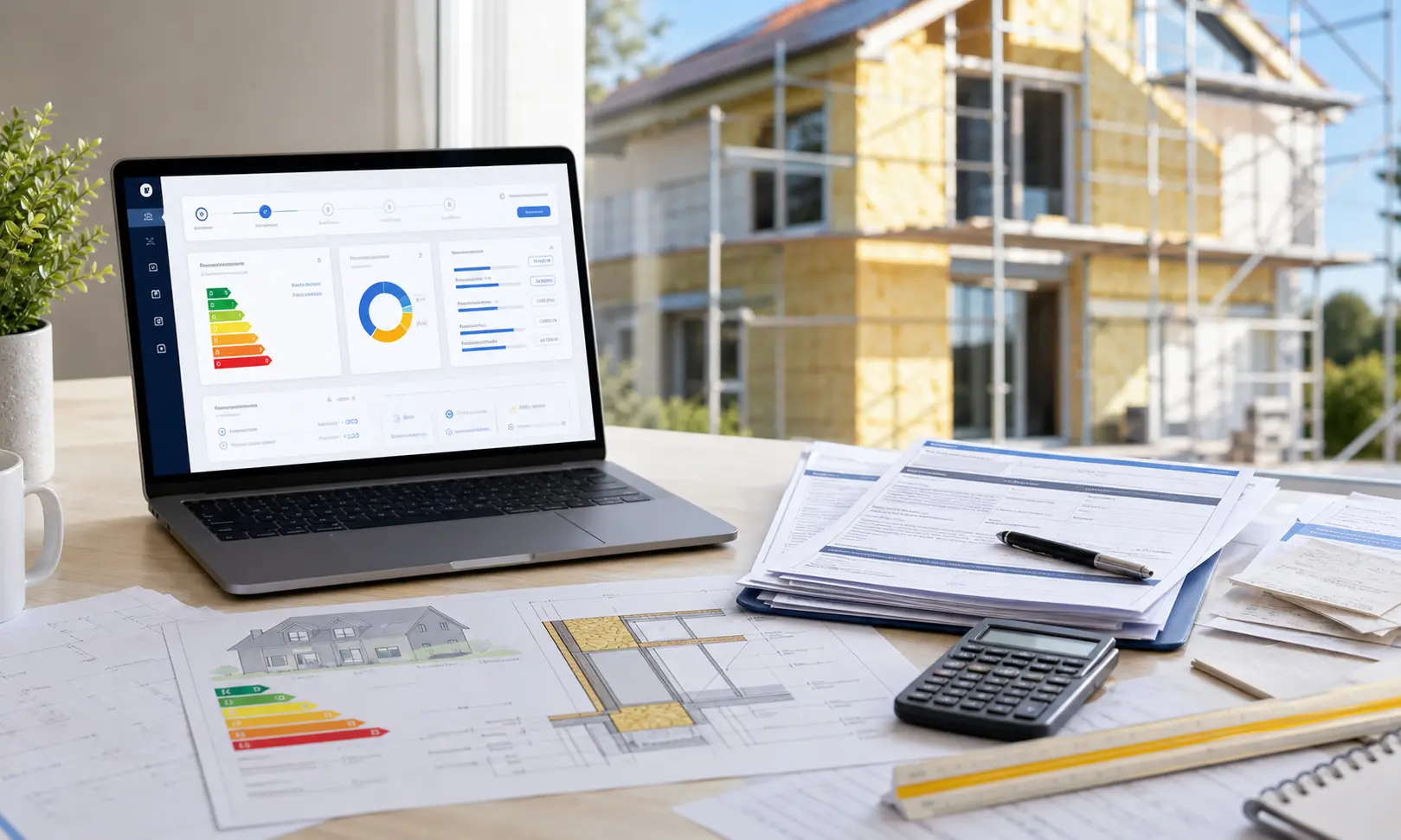 Calculateur aides rénovation énergétique avec audit, devis et maison isolée