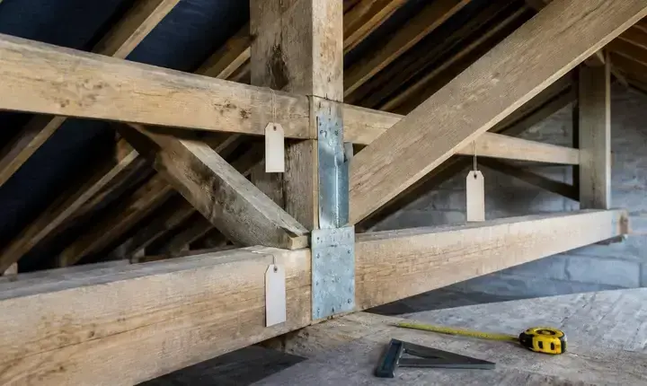 Aménagement combles: charpente inspectée, poutres, renforts et équerre de mesure