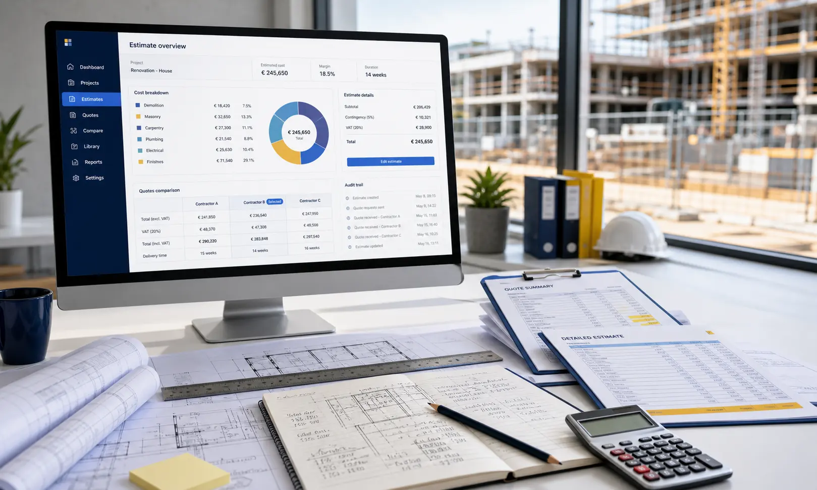 Comparateur devis travaux gratuit avec ordinateur, plans et chantier
