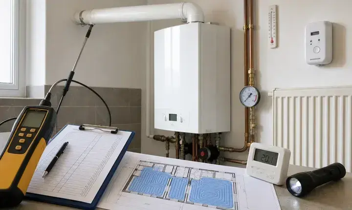 Diagnostic chaudière avec analyseur de combustion, détecteur CO, manomètre, plan chauffage et checklist