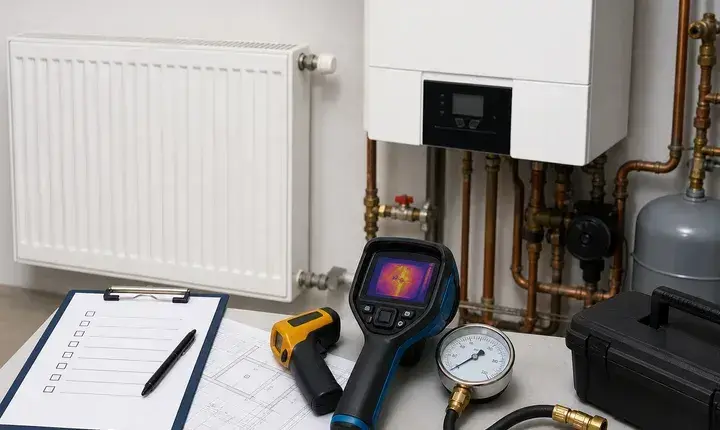 Diagnostic chauffage avec caméra thermique, manomètre, radiateur, chaudière et checklist