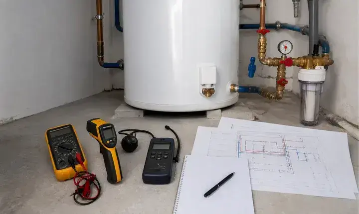 Diagnostic chauffe-eau avec multimètre, thermomètre, manomètre, plan de plomberie et groupe de sécurité
