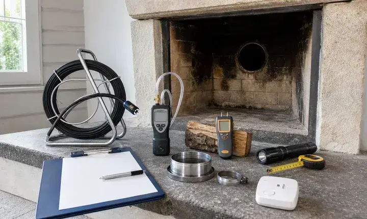 Diagnostic cheminée et insert avec foyer existant, caméra de conduit, manomètre, humidimètre, diamètres et checklist
