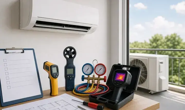 Diagnostic climatisation avec unité intérieure, groupe extérieur, caméra thermique, anémomètre et manomètres