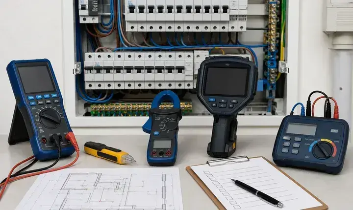 Diagnostic électricité avec tableau électrique, multimètre, pince ampèremétrique et checklist