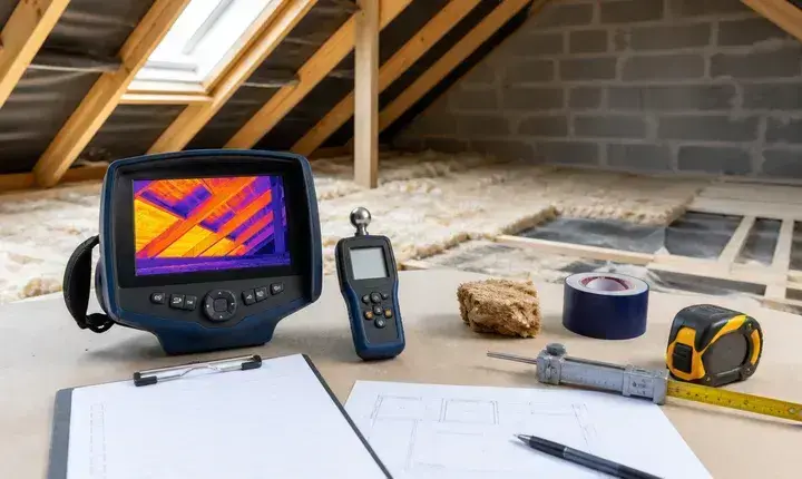 Diagnostic isolation des combles avec caméra thermique, humidimètre, plan, mètre, toiture et isolant existant