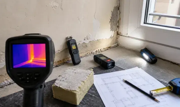 Diagnostic isolation murs intérieurs avec caméra thermique, humidimètre, plan, mur dégradé, mètre et échantillon isolant