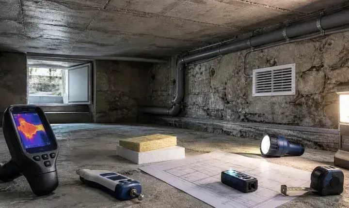 Diagnostic isolation sol et plancher bas avec cave, plancher, caméra thermique, humidimètre, ventilation, plan et échantillons