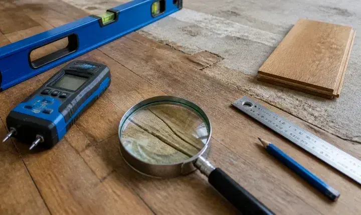Diagnostic parquet avec loupe, niveau, humidimètre et lames de sol