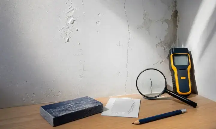 Diagnostic peinture intérieure avec support abîmé, humidité, loupe et outils de contrôle