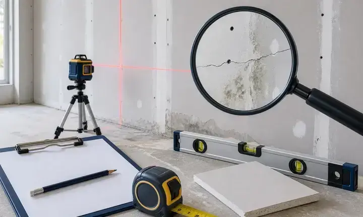 Diagnostic plâtrier plaquiste avec loupe, fissure, humidité, laser, niveau et plaque BA13