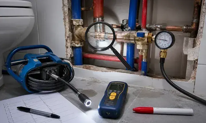 Diagnostic plomberie avec caméra, manomètre, loupe et réseau apparent