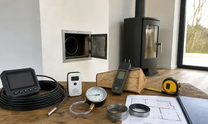 Diagnostic poêle bois et granulés avec trappe conduit, caméra inspection, manomètre, humidimètre, plan et outils de mesure