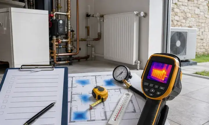 Diagnostic pompe à chaleur avec caméra thermique, plan de déperditions, radiateur, manomètre et unité extérieure