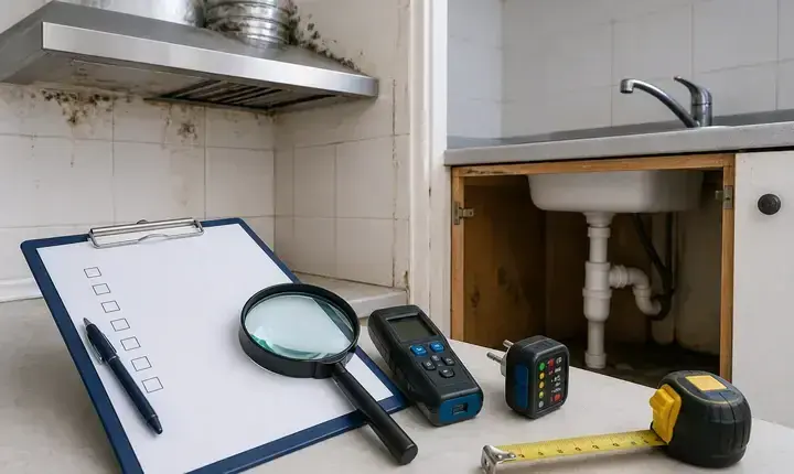 Rénovation cuisine: diagnostic avec loupe, humidité, prises, plomberie et ventilation