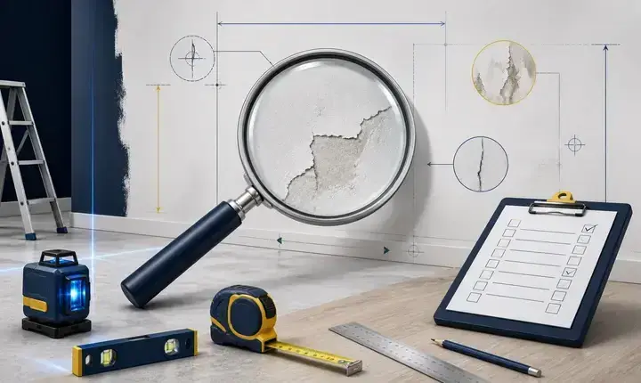 Rénovation intérieure: diagnostic de chantier avec loupe, cotes, mesures et contrôle des supports